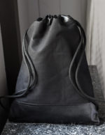 Black Drawstring Backpack- Vinyl Faux Leather Bottom